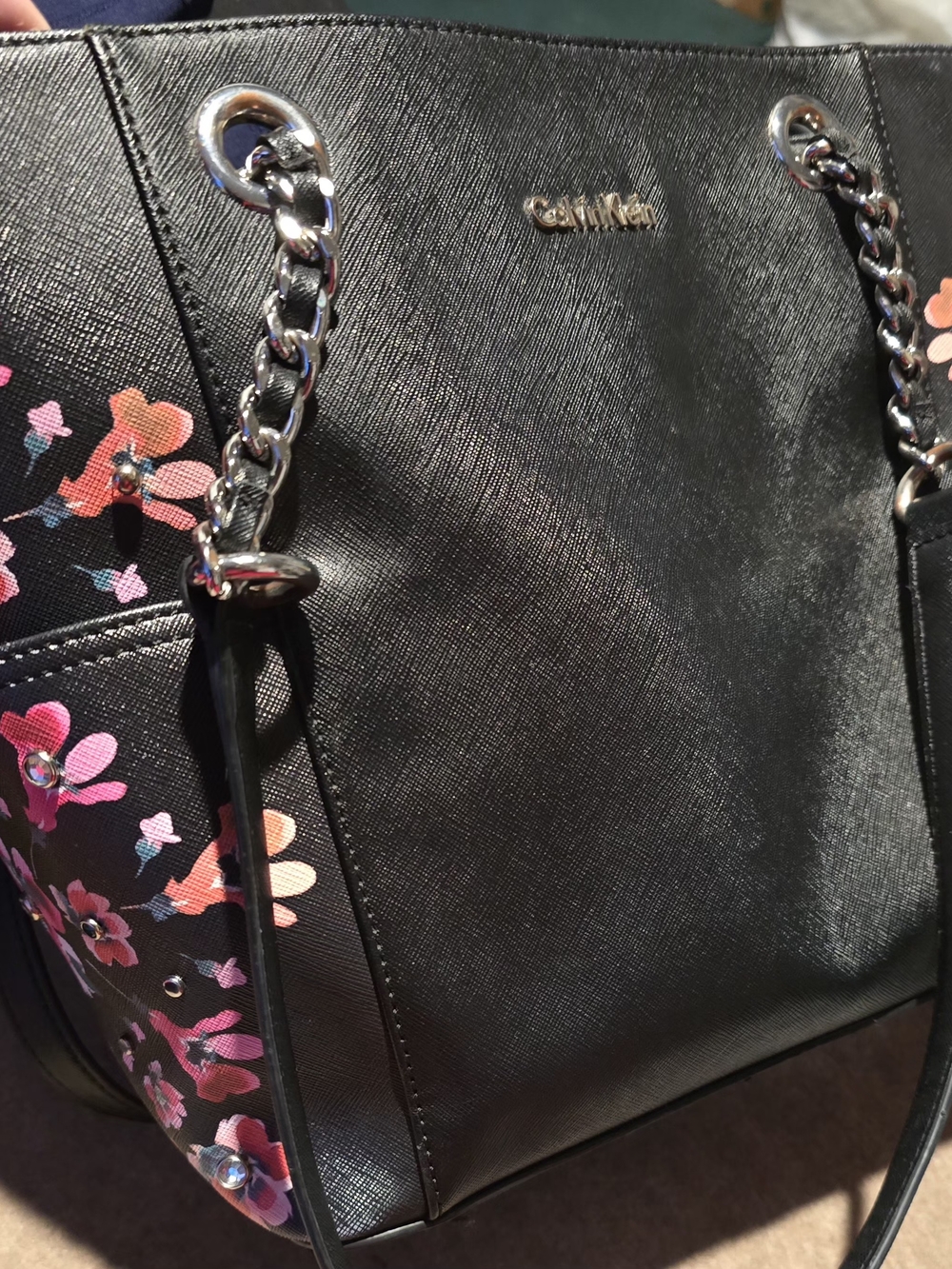Calvin Klein Black Tote with Pink Floral Accents and Silver Chain Handles